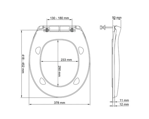 Technický nákres záchodovej dosky s rozmermi