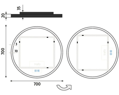 Technický nákres kruhového zrkadla s rozmermi 700 x 700 milimetrov.