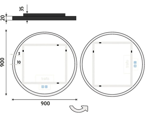 Technický nákres okrúhleho zrkadla s rozmermi 900 x 900 milimetrov a hrúbkou 20 milimetrov.