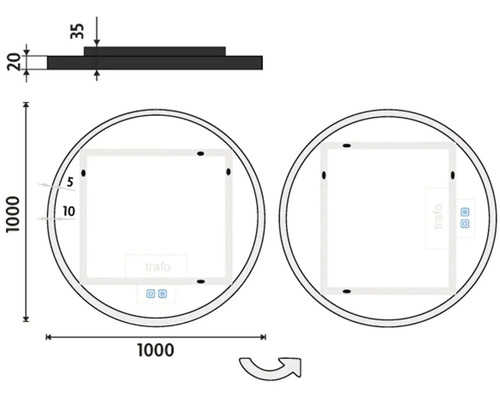 Technický nákres okrúhleho LED zrkadla s rozmermi 1000 x 1000 mm