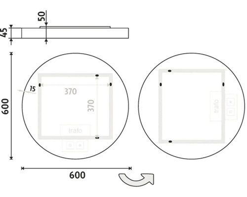 Technický nákres okrúhleho zrkadla s rozmermi 600 x 600 milimetrov, hrúbkou 45 milimetrov a štvorcovým výrezom 370 x 370 milimetrov.