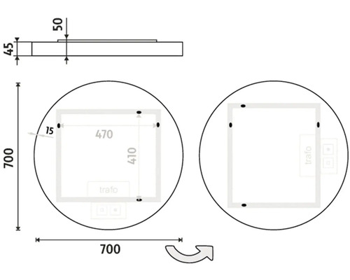 Technický nákres okrúhleho zrkadla s rozmermi 700 x 700 milimetrov, hĺbkou 45 milimetrov a šírkou rámu 15 milimetrov.