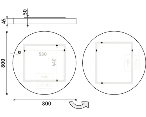 Technický nákres okrúhleho zrkadla s rozmermi