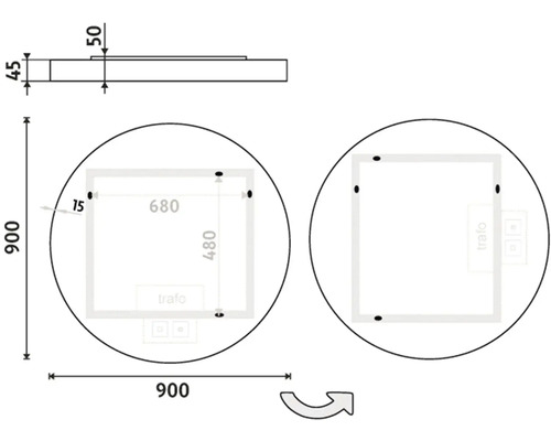 Technický nákres okrúhleho zrkadla s obdĺžnikovou zrkadlovou plochou a rozmermi