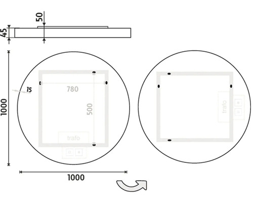Technický výkres okrúhleho zrkadla s rozmermi