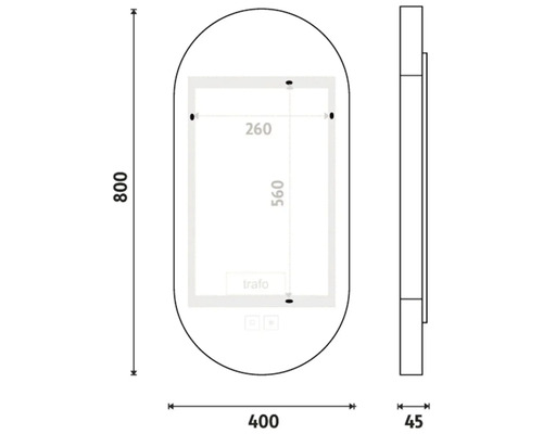 Technický výkres zrkadla s rozmermi 800 x 400 x 45 milimetrov