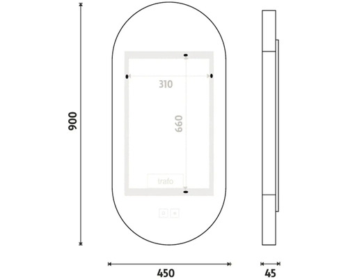 Technický nákres zrkadla s rozmermi 900 x 450 x 45 milimetrov.