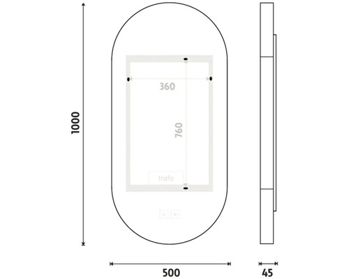 Technický nákres zrkadla s osvetlením a rozmermi