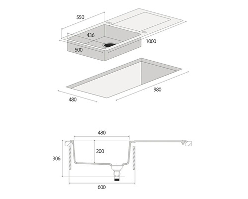 Nákres kuchynského drezu s rozmermi