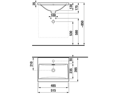 Technický nákres umývadla s rozmermi