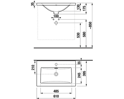 Technický nákres umývadla s rozmermi