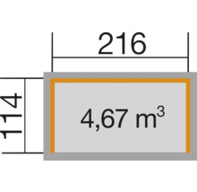 Schéma s rozmermi: 216 krát 114 a 4,67 metrov kubických