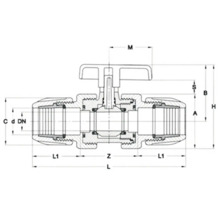 Technický nákres guľového kohúta s rozmermi