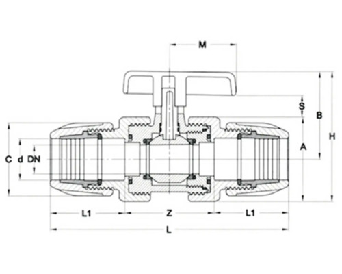 Technický nákres guľového kohúta s rozmermi