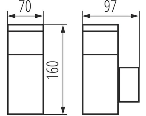 Technický nákres s rozmermi 70, 97 a 160