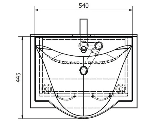 Technický nákres skrinky pod umývadlo s rozmermi 540 x 445 milimetrov.