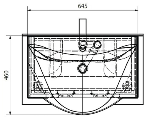 Technický nákres umývadla s rozmermi 645 x 460 mm.