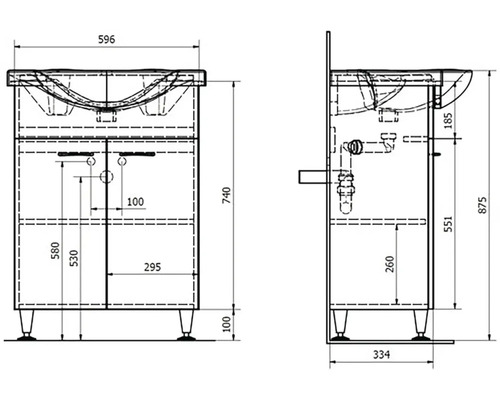 Nákres skrinky pod umývadlo s rozmermi
