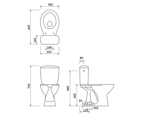 Technický nákres stojaceho WC s rozmermi.