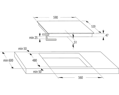 Produktový nákres varnej dosky s rozmermi