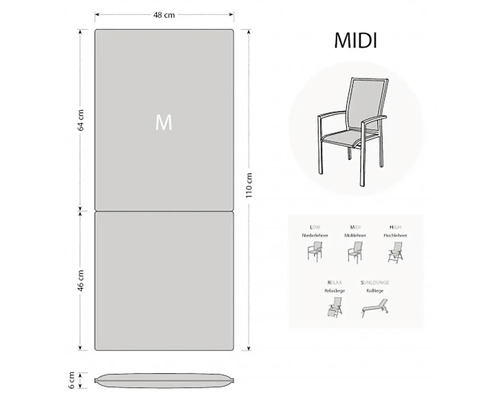 Rozmery podsedáku Midi pre záhradné stoličky: 110 x 48 centimetrov