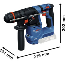 Vŕtacie kladivo Bosch Professional s rozmermi 279 mm dĺžka, 101 mm šírka a 202 mm výška.