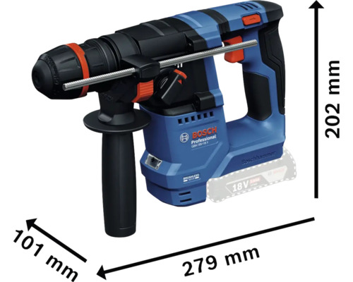 Vŕtacie kladivo Bosch Professional s rozmermi 279 mm dĺžka, 101 mm šírka a 202 mm výška.