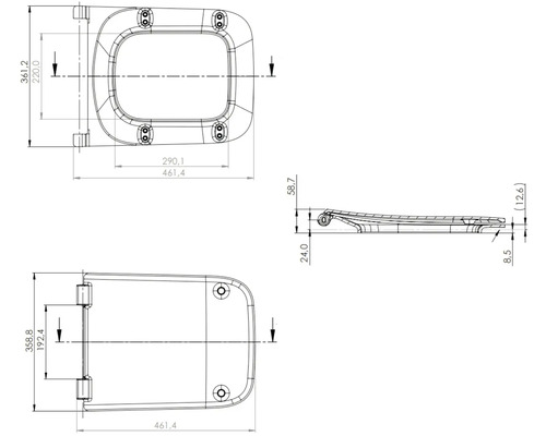 Technický nákres záchodovej dosky s rozmermi