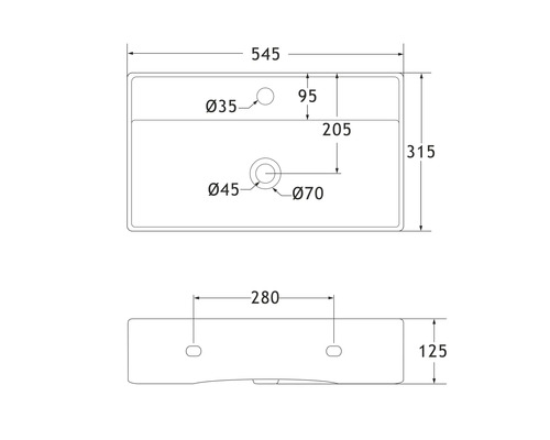 Technický výkres umývadla s rozmermi