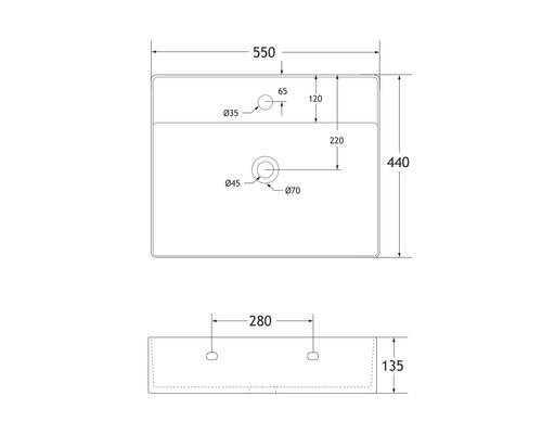 Výkres umývadla s rozmermi
