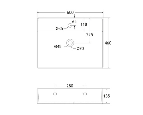 Technický nákres umývadla s rozmermi