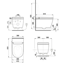 Technický nákres závesného WC s bidetovou funkciou a súvisiacimi rozmermi.