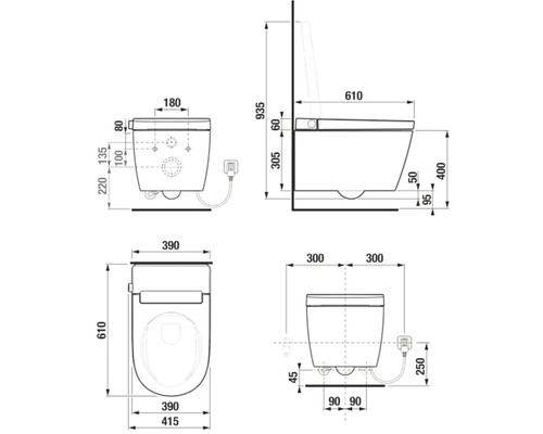 Technický nákres závesného WC s bidetovou funkciou a súvisiacimi rozmermi.