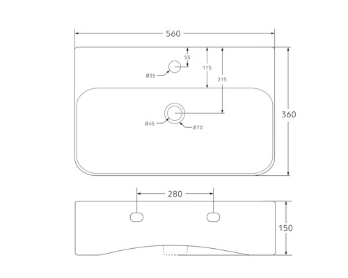 Technický nákres umývadla s rozmermi