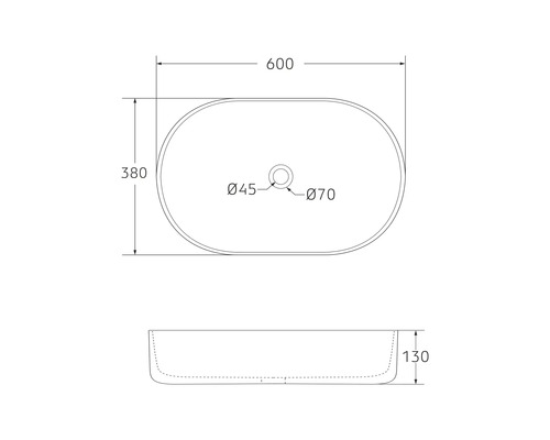 Technický nákres umývadla na dosku s rozmermi