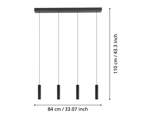 Čierne závesné svietidlo so štyrmi žiarovkami a rozmermi