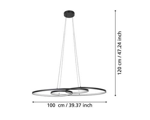 Závesné svietidlo s tromi kruhmi s rozmermi 100 centimetrov krát 120 centimetrov
