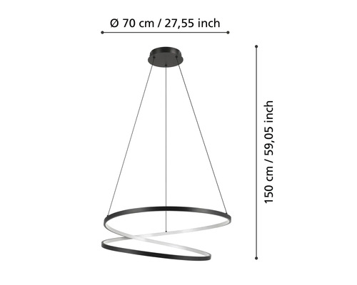 Dekoratívne závesné svietidlo s rozmermi 70 cm v priemere a 150 cm na výšku.