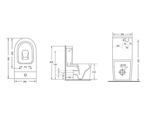 Technický výkres toalety s rozmermi
