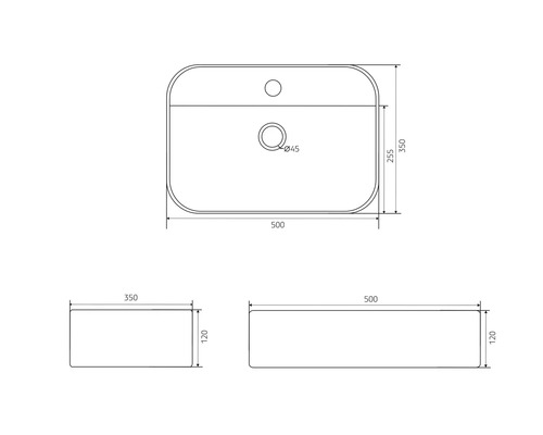 Technický nákres umývadla s rozmermi