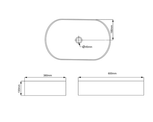 Technický nákres umývadla na dosku s rozmermi