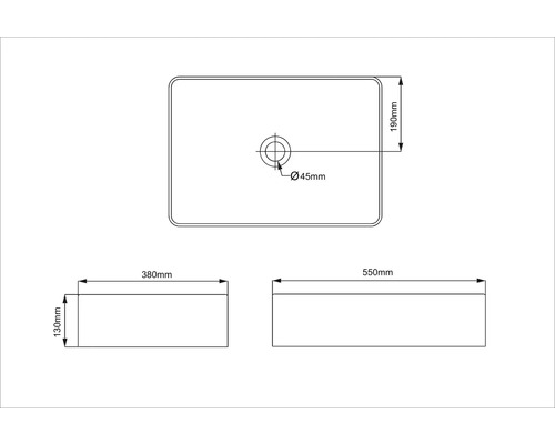 Technický nákres umývadla na dosku s rozmermi