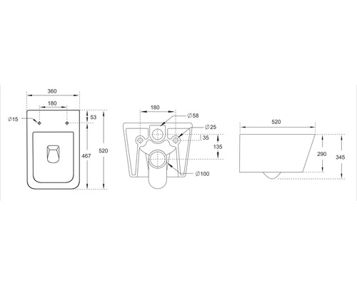 Technický nákres závesného WC s rozmermi