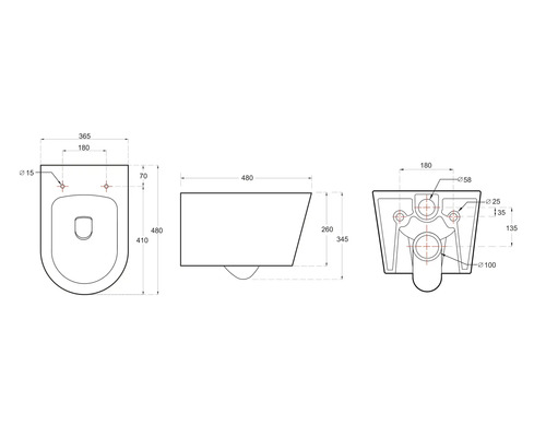 Technický nákres závesného WC s rozmermi