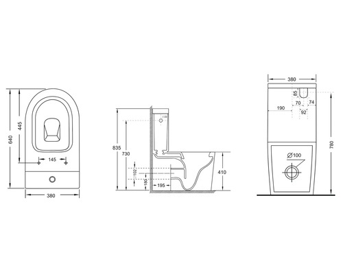 Technický nákres stojaceho WC s rozmermi