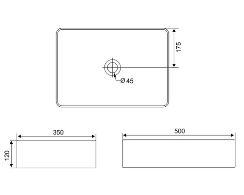 Technický nákres obdĺžnikového umývadla s rozmermi