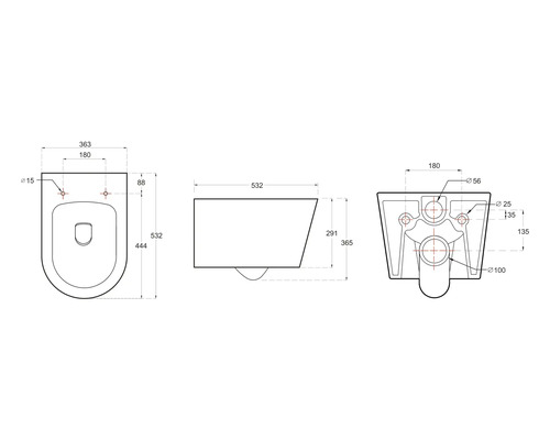Technický nákres závesného WC s rozmermi