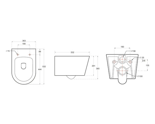 Technický nákres závesného WC s rozmermi