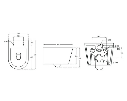 Technický nákres toalety s rozmermi