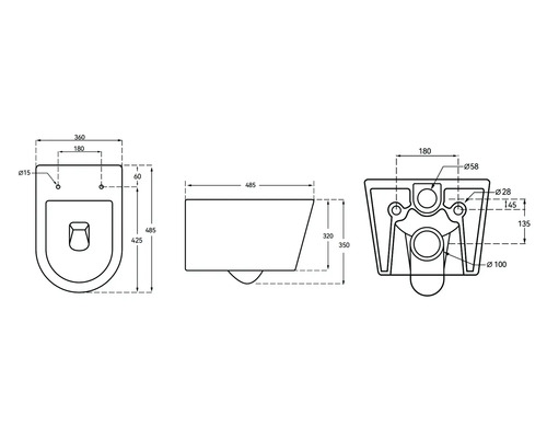 Technický nákres závesného WC s rozmermi